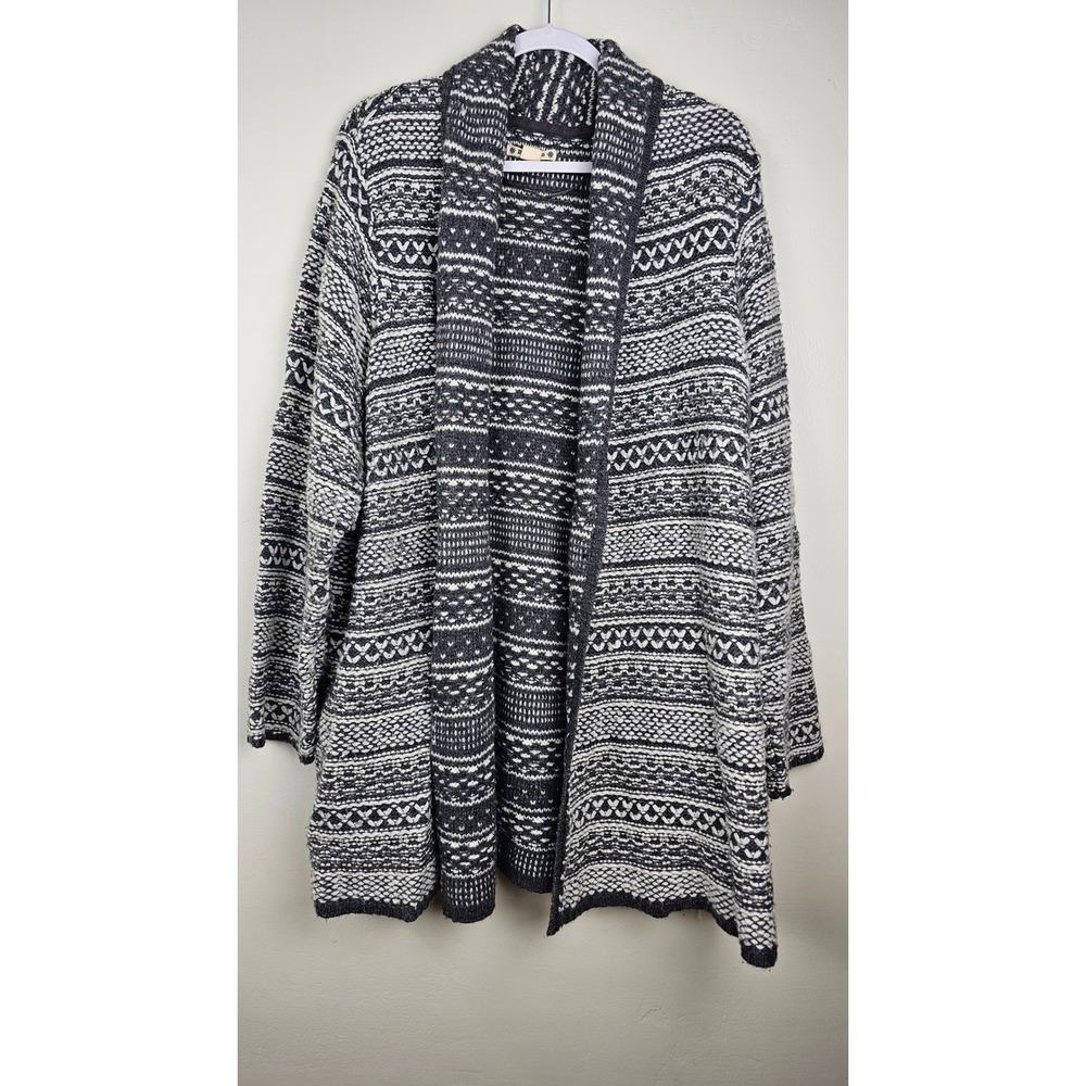 Ruff Hewn Cardigan Women 3X Gray Fair Isle Open Front Shawl Collar Wool Blend